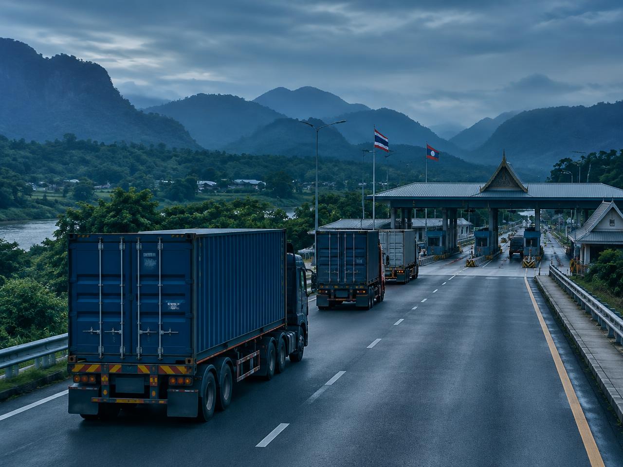 Container trucks approaching a Southeast Asian border checkpoint