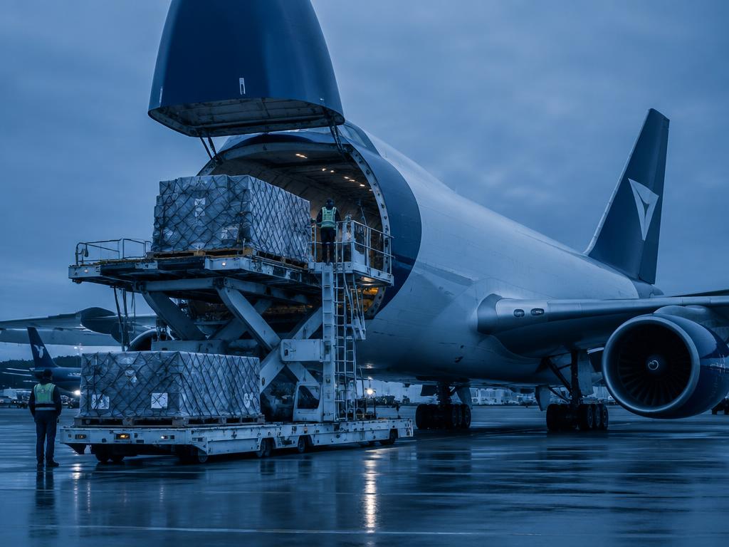 Air freight pallets being loaded into the nose of a cargo aircraft