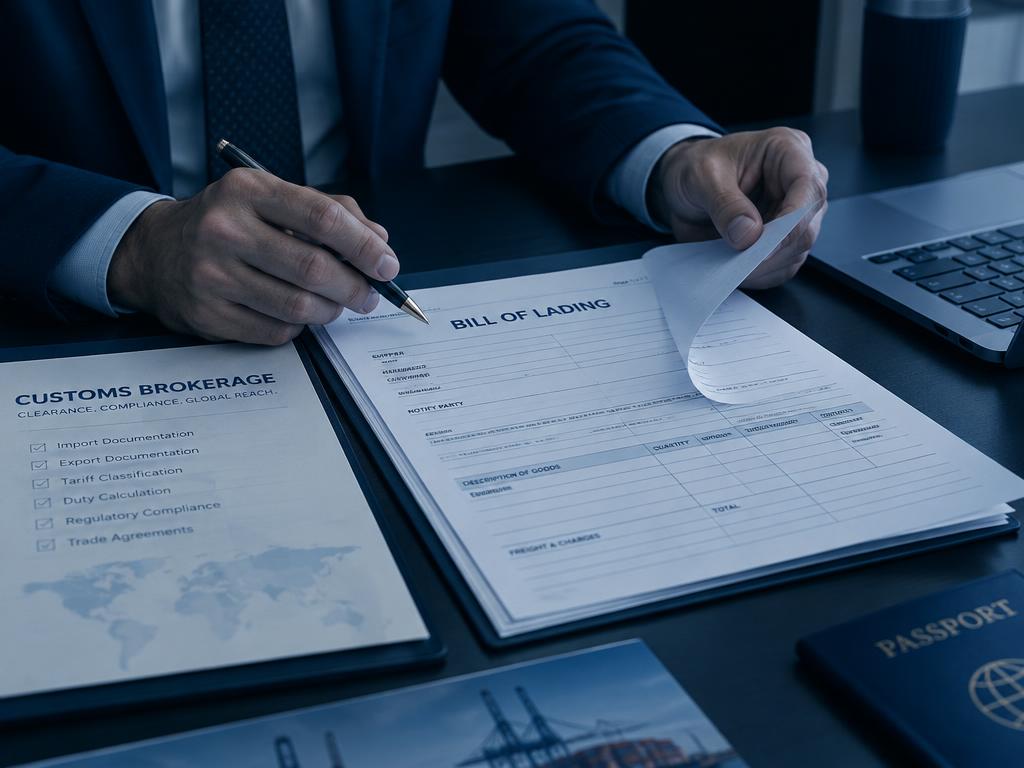 Customs broker reviewing a bill of lading and shipping documents