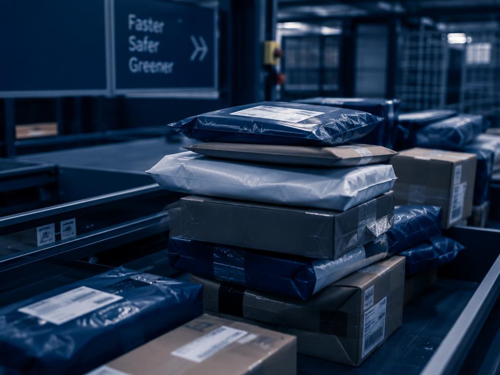 Stacked courier parcels and document envelopes in a sorting facility