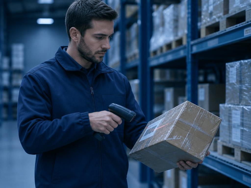 Warehouse operator scanning the barcode on a wrapped parcel